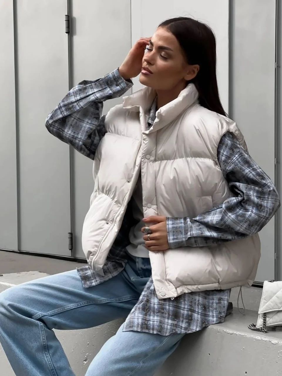stylish fall vest outfits for women 2026 Cream Puffer And Blue Denim Balance