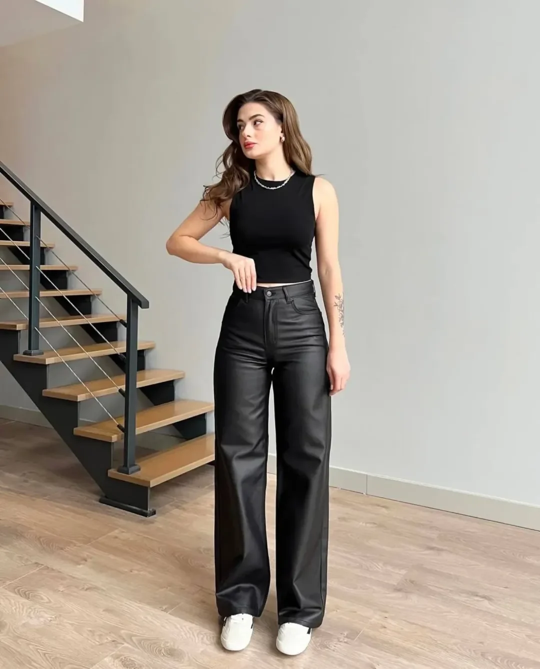 trendy chic fall outfits pants 2026 Black Leather Wide-Leg Pants with an Alt Edge