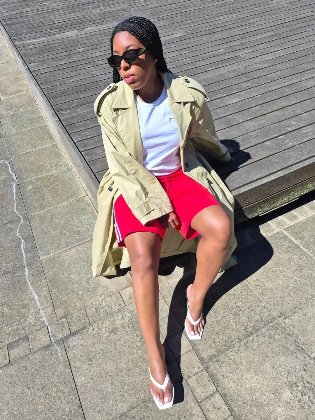 trendy fall 2026 outfits for black women Sporty Red Shorts With a Classic Trench Twist