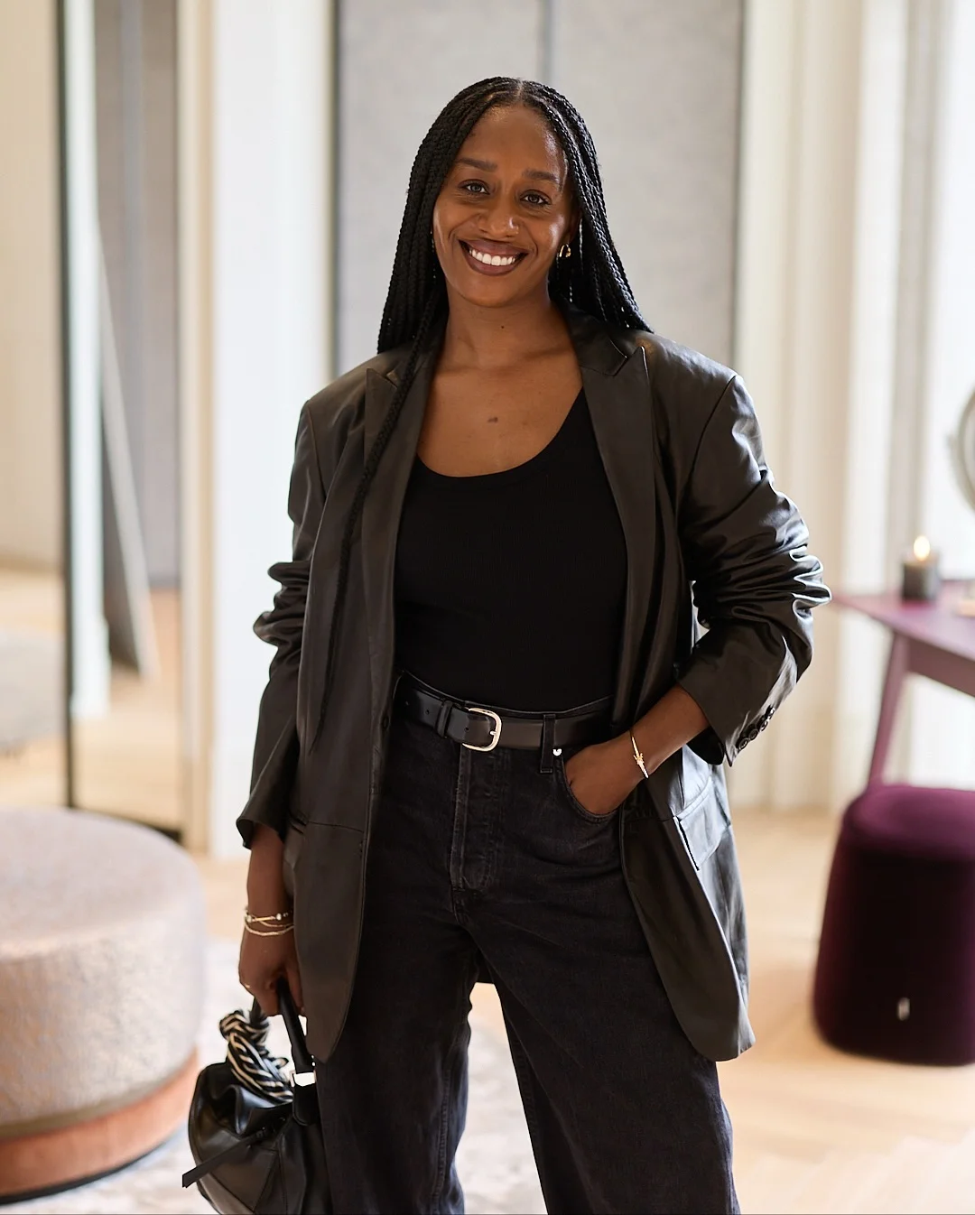 trendy fall 2026 outfits for black women Black Leather Blazer and Denim Balance