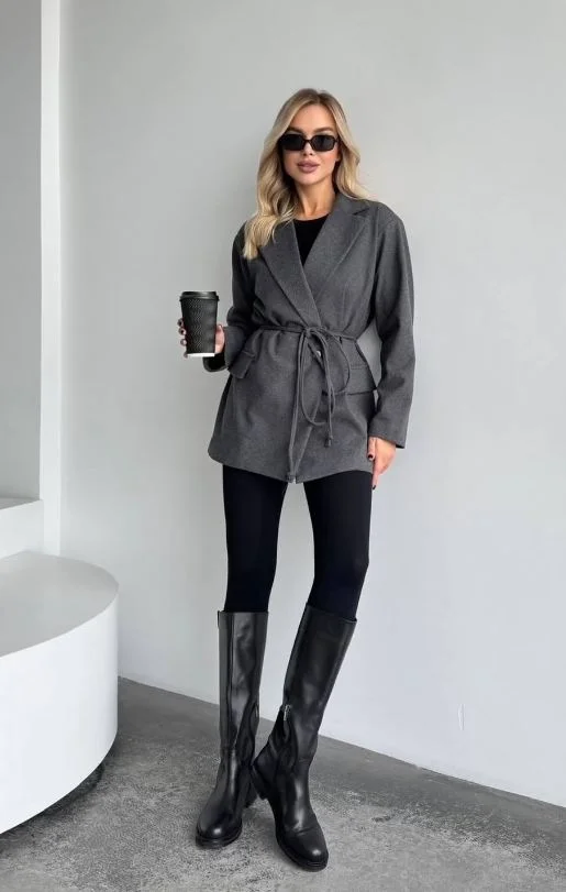 trendy fall fitted blazer outfit 2026 Belted Gray Blazer With Everyday Fall Appeal