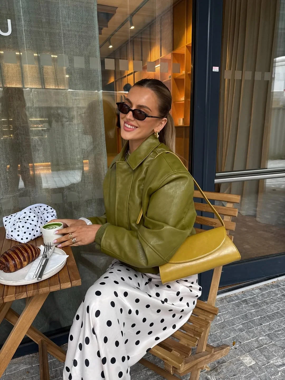trendy fall outfits ideas 2026 Olive Leather and Playful Polka Dots