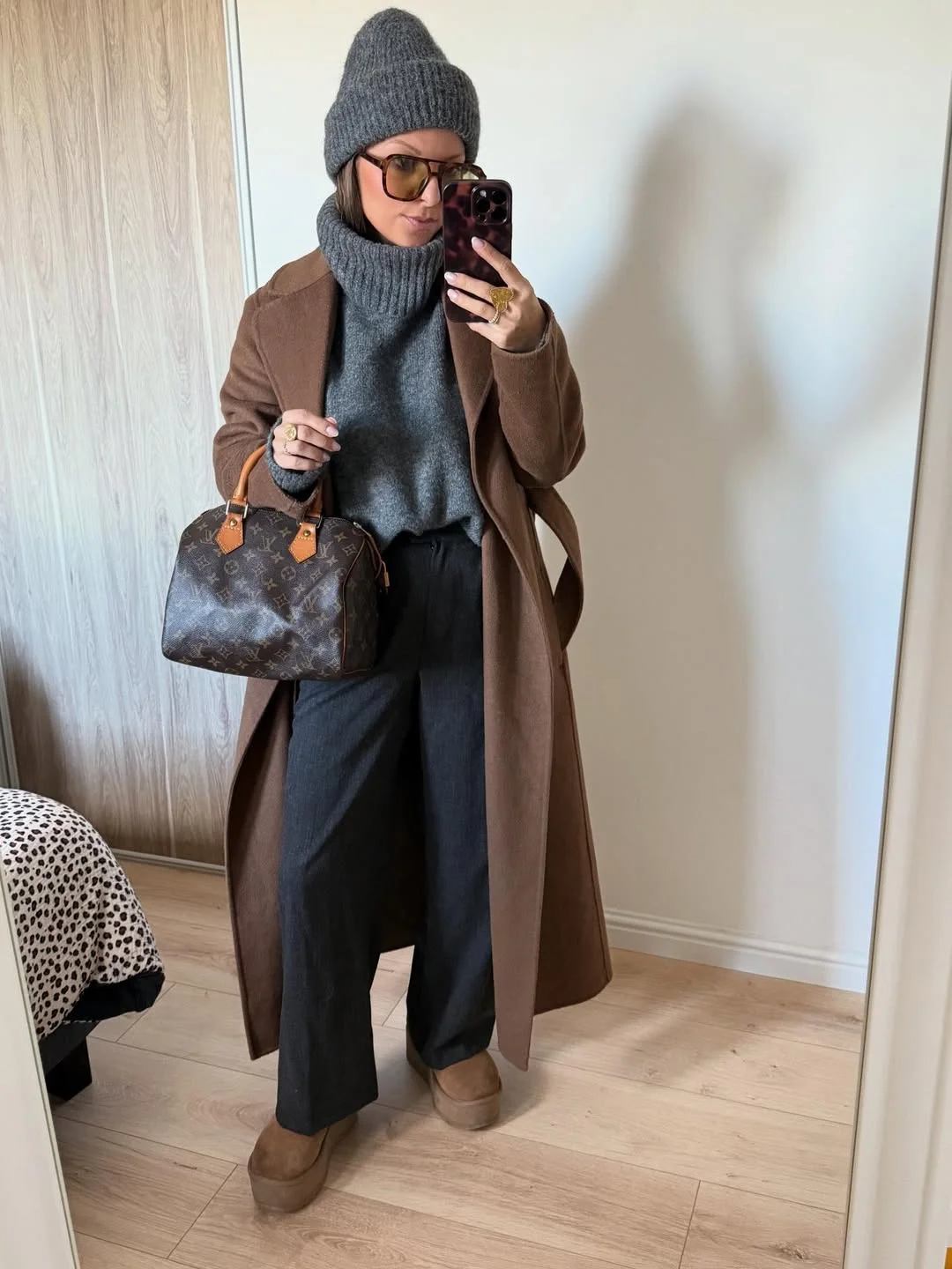 trendy fall outfits ideas 2026 Grey Knitwear and Long Coat Sophistication