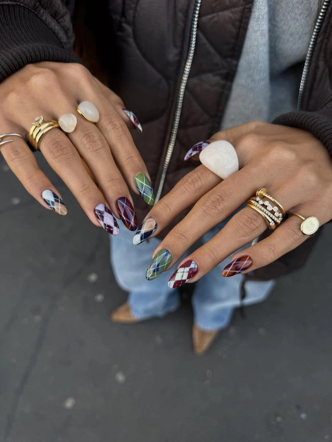 chic fall almond nails 2026 Preppy Plaid Almond Nails With Rich Fall Colors