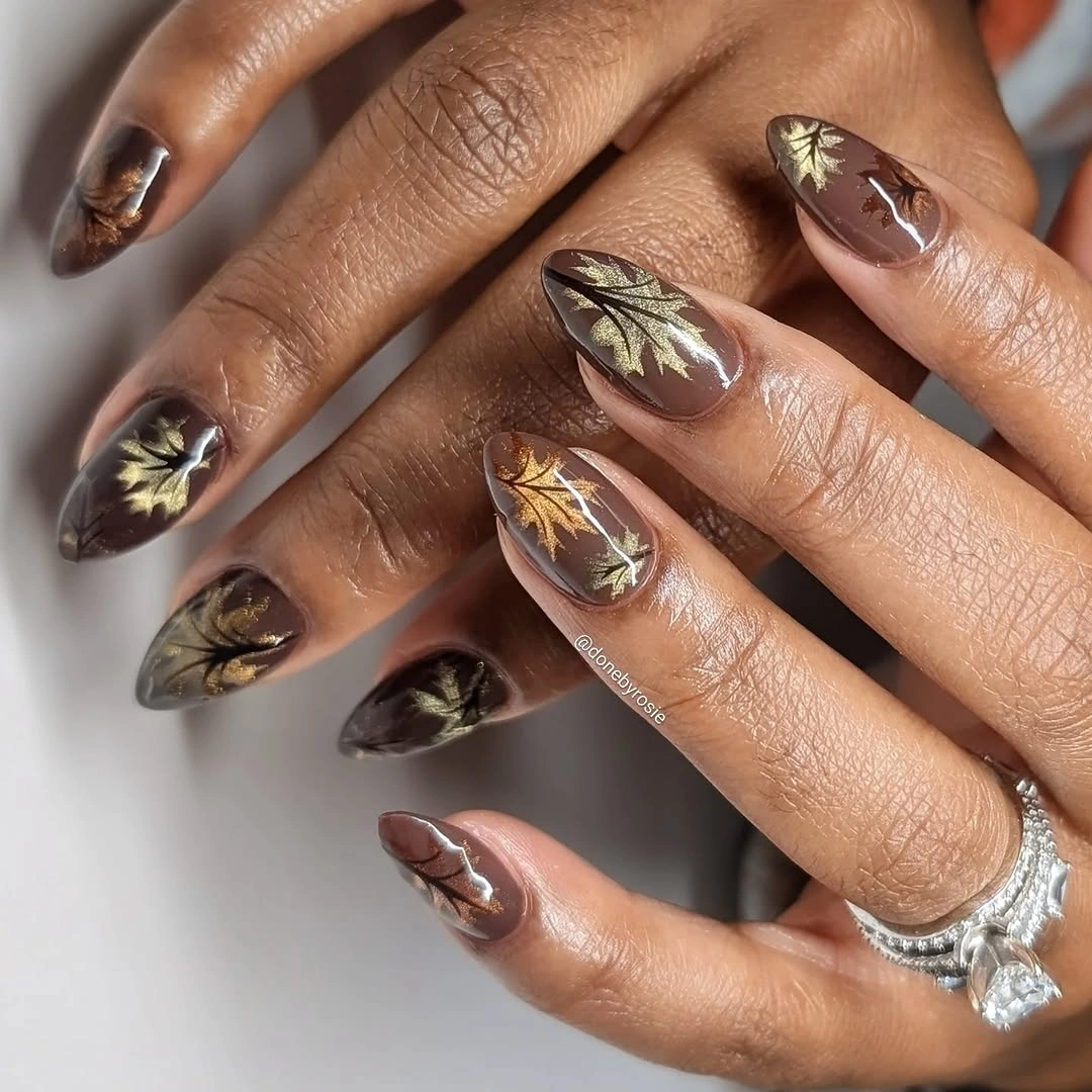 chic fall almond nails 2026 Golden Botanical Leaves For Cozy Fall Days