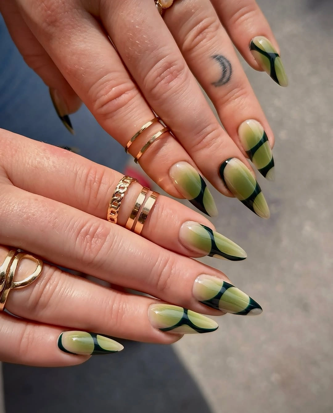chic fall almond nails 2026 Modern Sage Green Abstract Waves