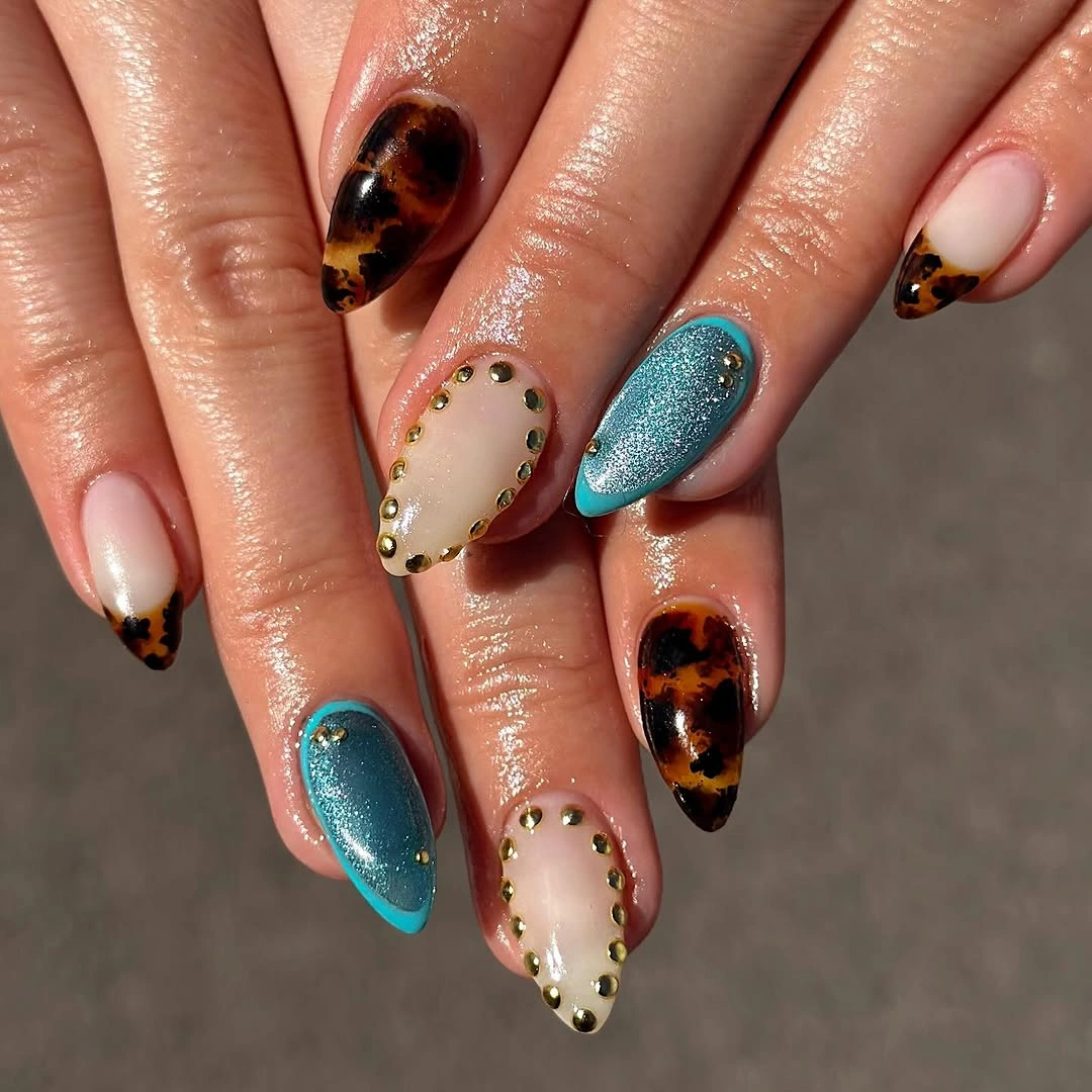 chic fall almond nails 2026 Turquoise Studs Meet Tortoiseshell Elegance