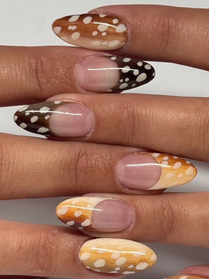chic fall almond nails 2026 Soft Caramel Animal Print French Tips