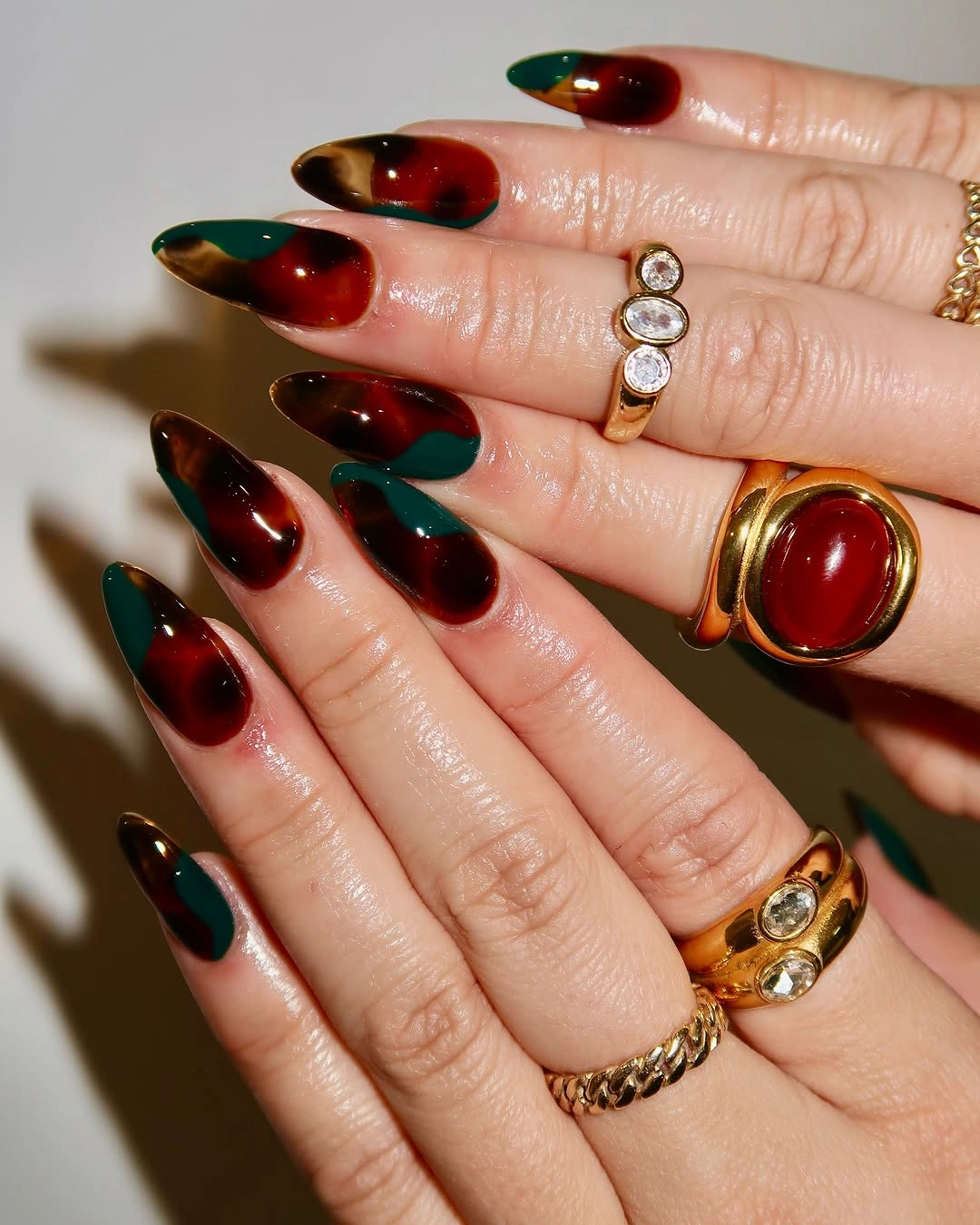 chic fall almond nails 2026 Deep Burgundy And Sage Green Glass Nails