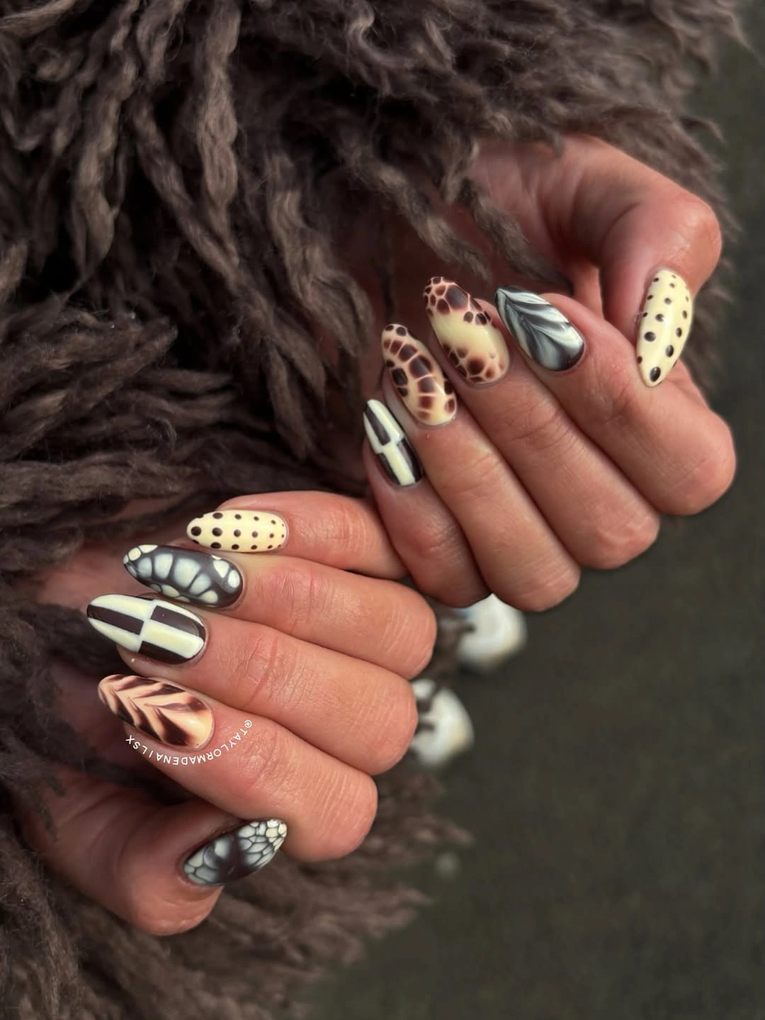 chic fall almond nails 2026 Eclectic Retro Pattern Almond Nails