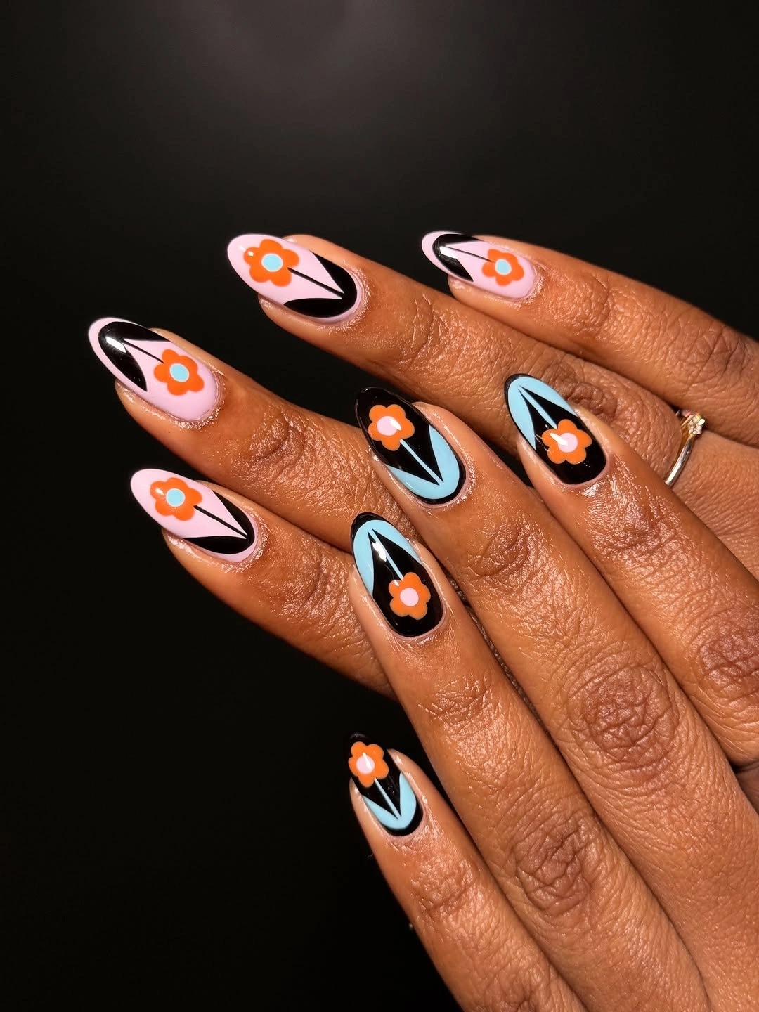 chic fall almond nails 2026 Retro Floral Almond Nails For Brown Skin