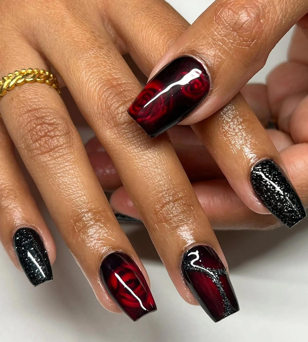 chic fall red nails 2026 Smoky Crimson Nail Art With Midnight Accents