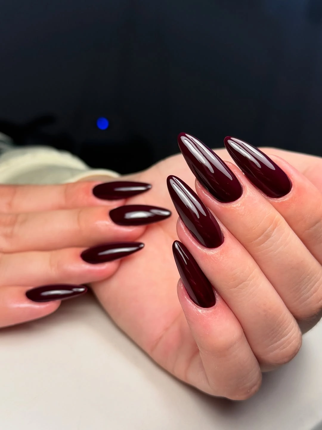 chic fall red nails 2026 Deep Bordeaux Almond Elegance