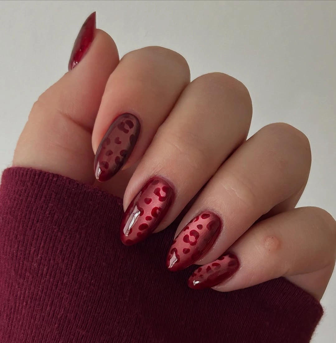 chic fall red nails 2026 Velvet Wine Leopard Nails For A Bold Autumn Twist