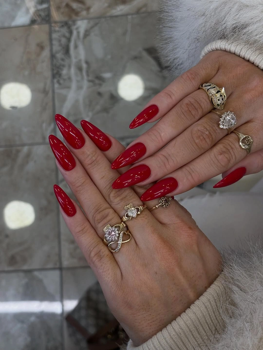 chic fall red nails 2026 Classic Glossy Scarlet Stiletto Nails
