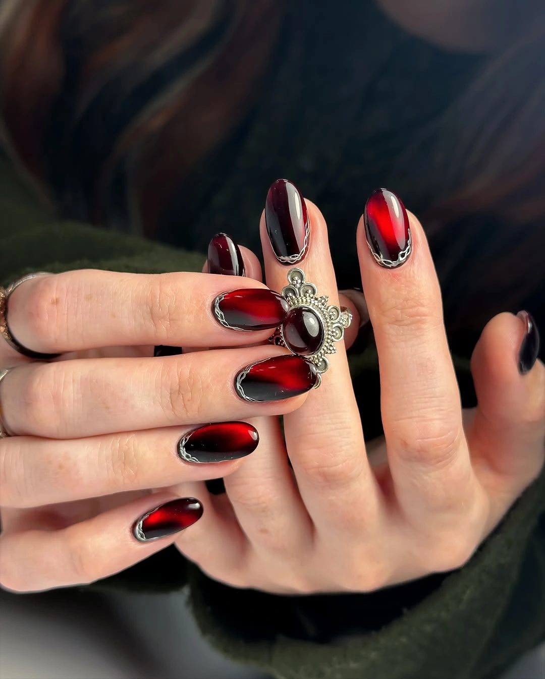 chic fall red nails 2026 Smoky Red Chrome Aura Nails