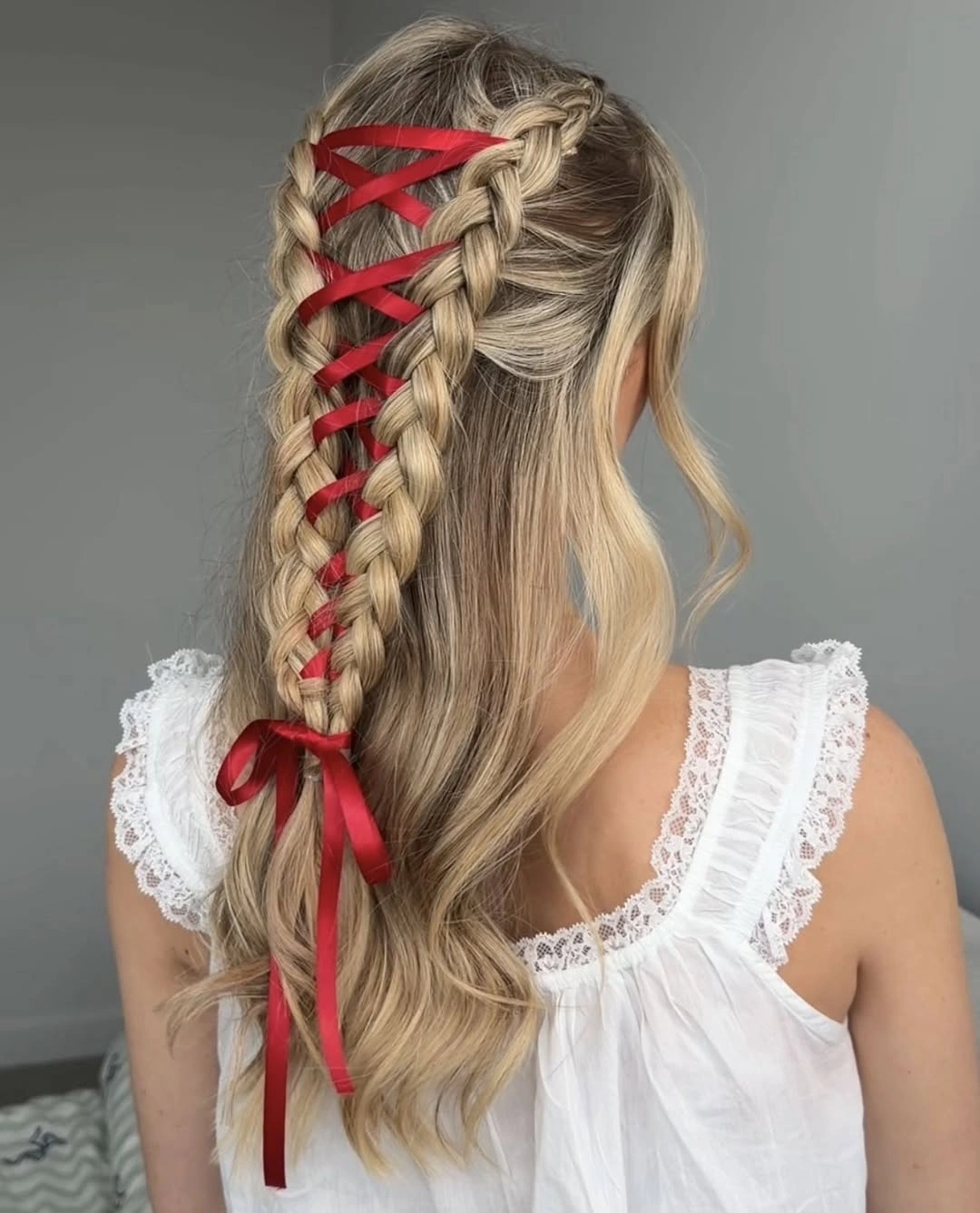 chic september hairstyles ideas 2026 Ribbon Laced Half Up Braid