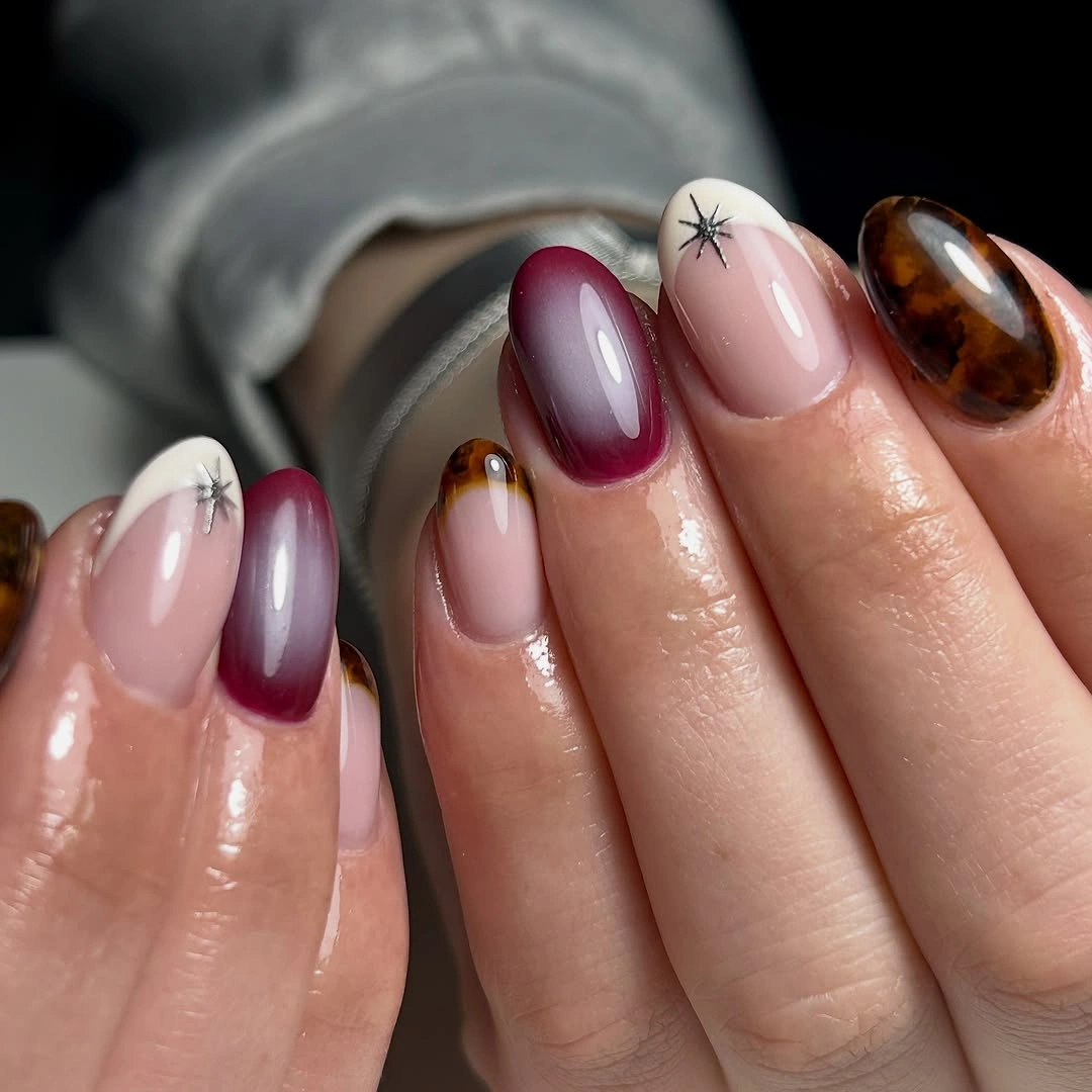 chic september nails color 2026 Plum Ombre Meets Tortoiseshell Elegance