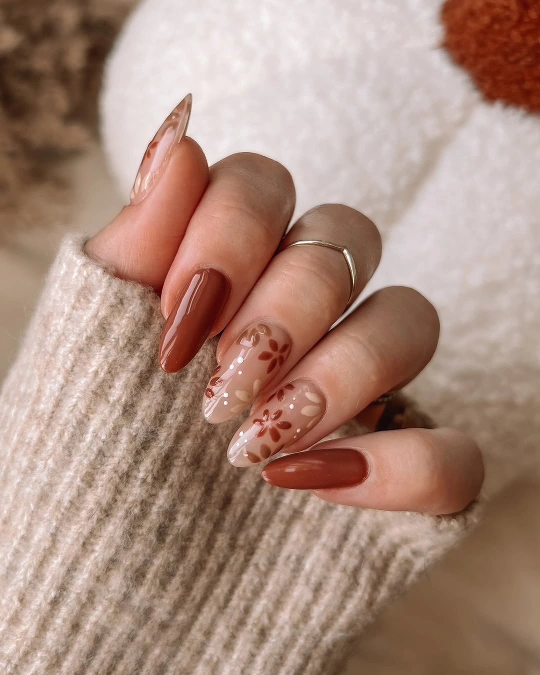 chic september nails color 2026 Warm Cocoa Florals For Cozy Days