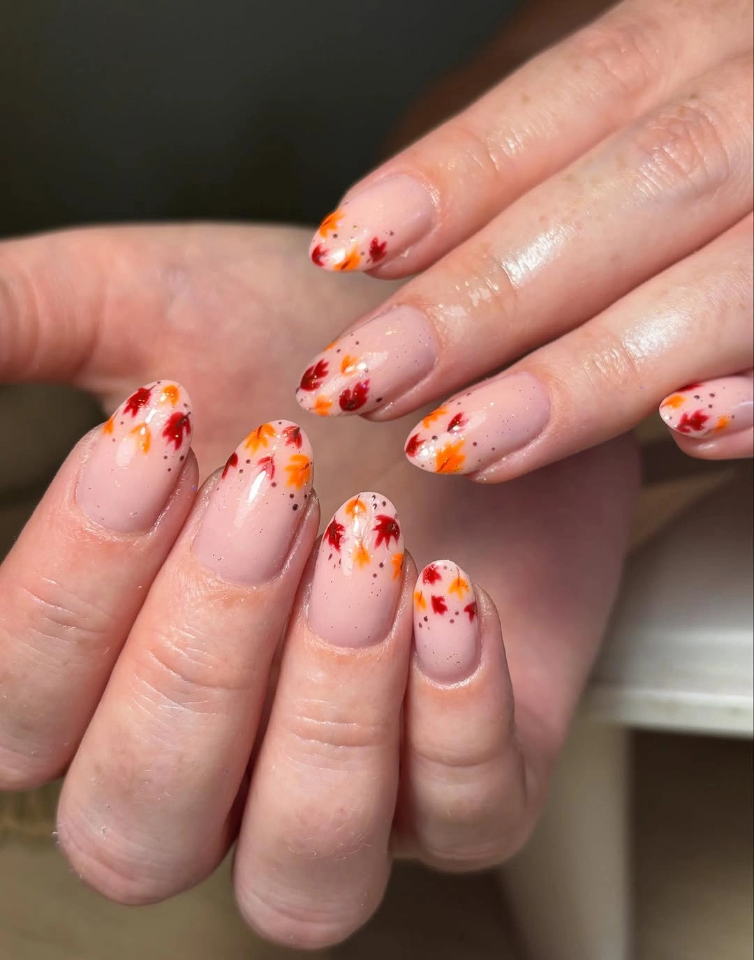 chic september nails color 2026 Floating Autumn Leaves On A Sheer Base