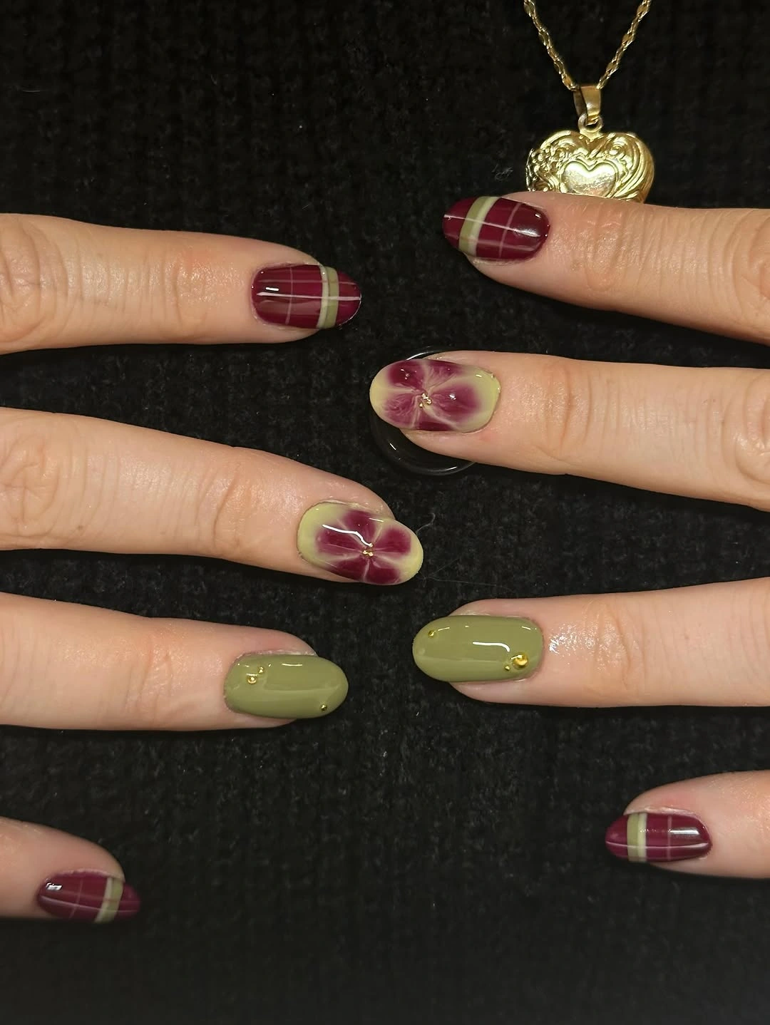 chic september nails color 2026 Olive And Burgundy Botanical Mix