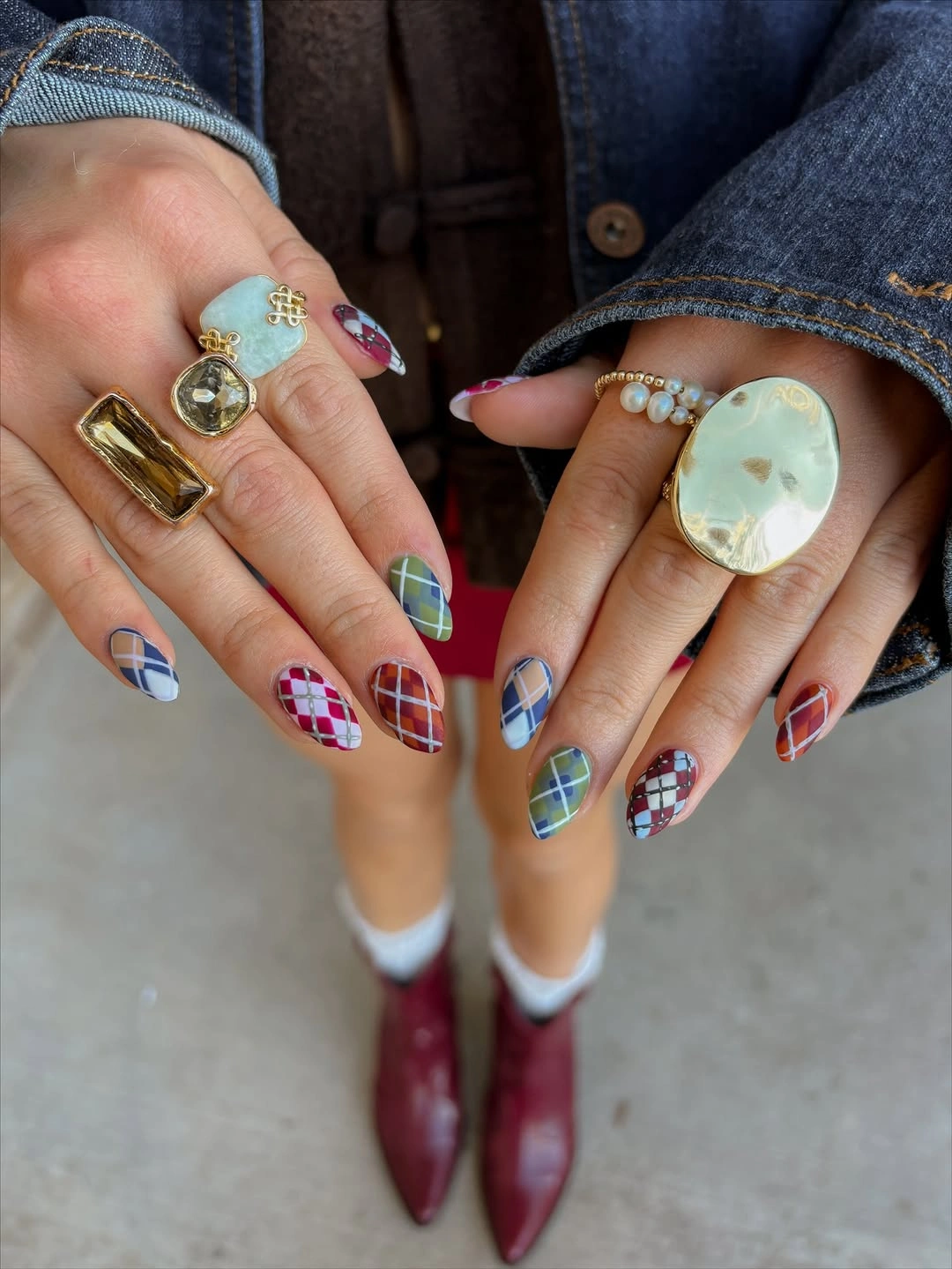 chic september nails color 2026 Colorful Plaid Sweater Inspired Nails