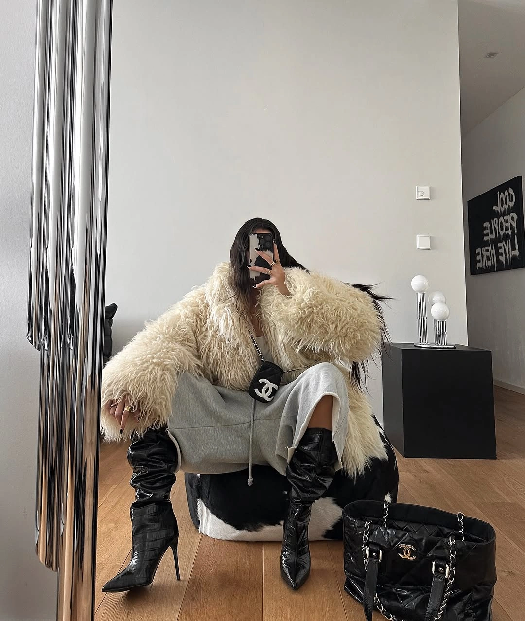 chic shaggy jacket Cream Shaggy Layers With Elevated Monochrome