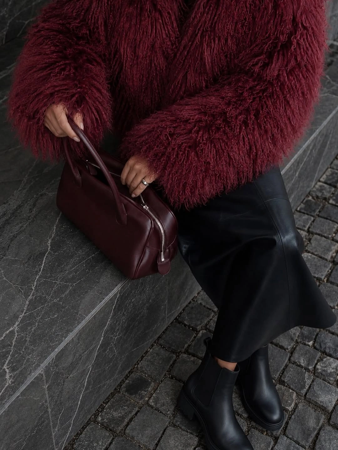 chic shaggy jacket Burgundy Texture With Sophisticated Contrast