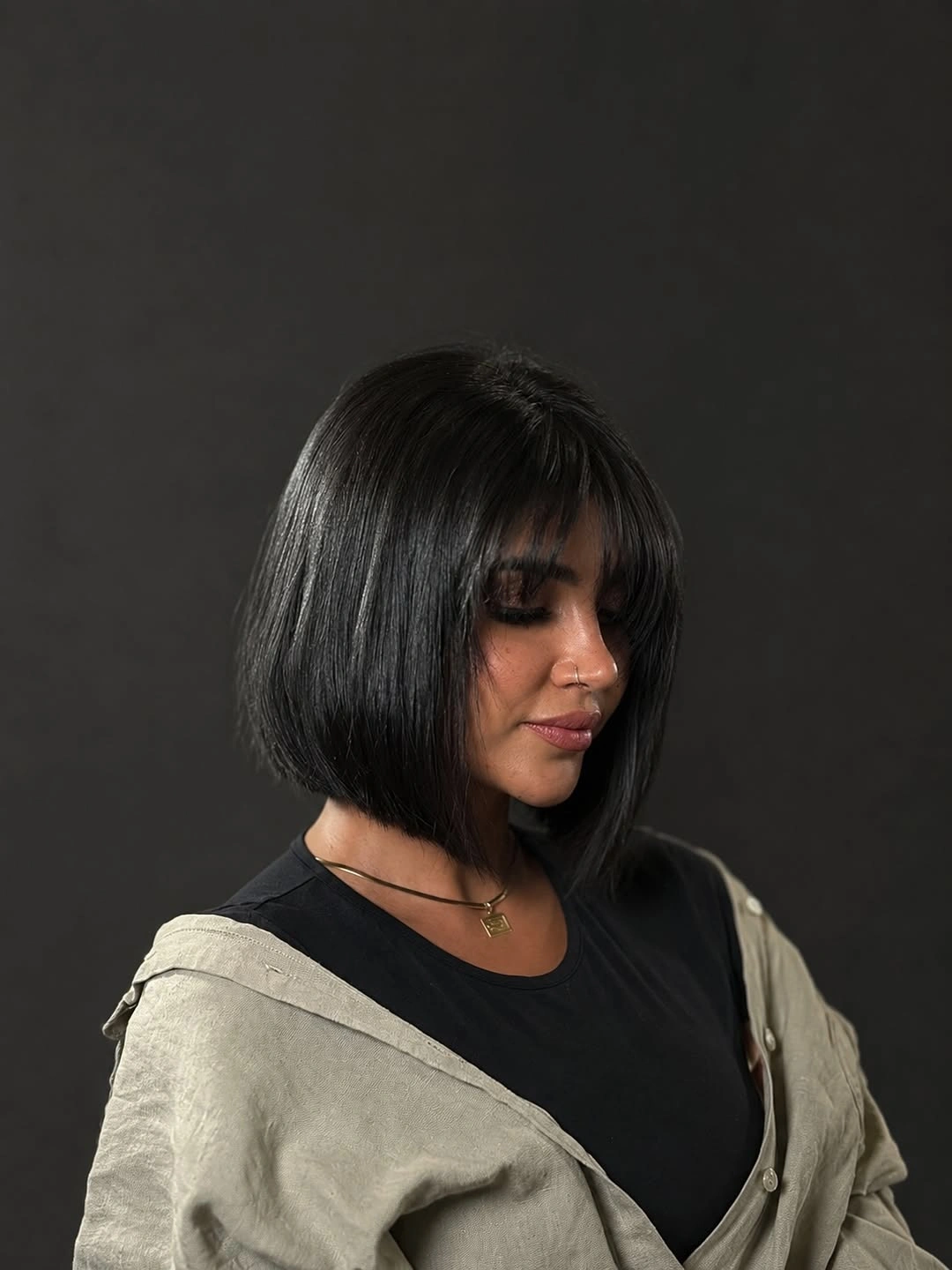 chic short bobbed hairstyle Classic Precision Bob With Wispy Bangs