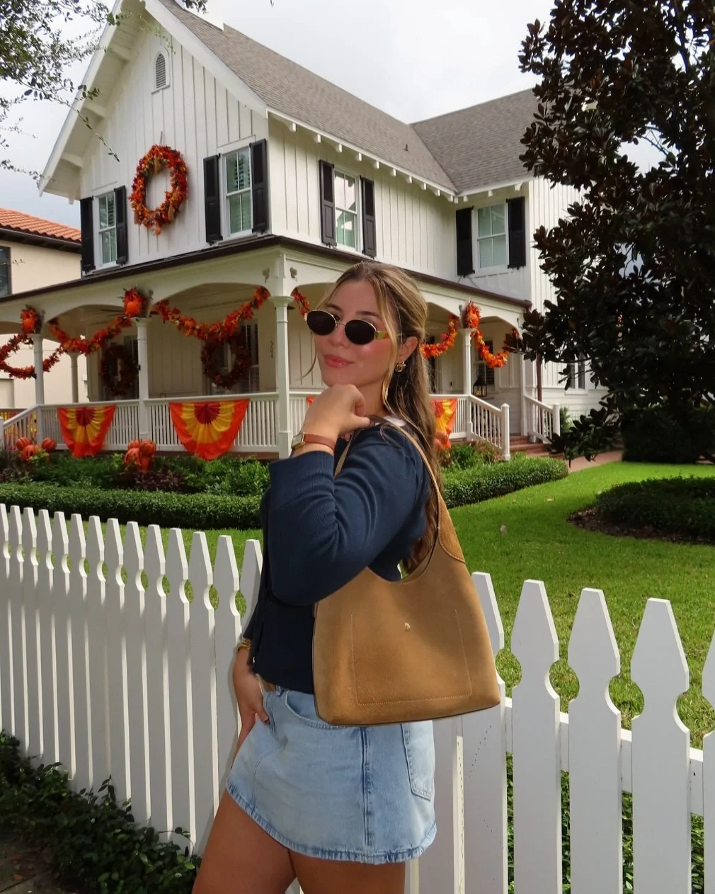comfy fall outfits for lazy days 2026 Simple Knit and Denim Mini for Sunny Autumn Weekends