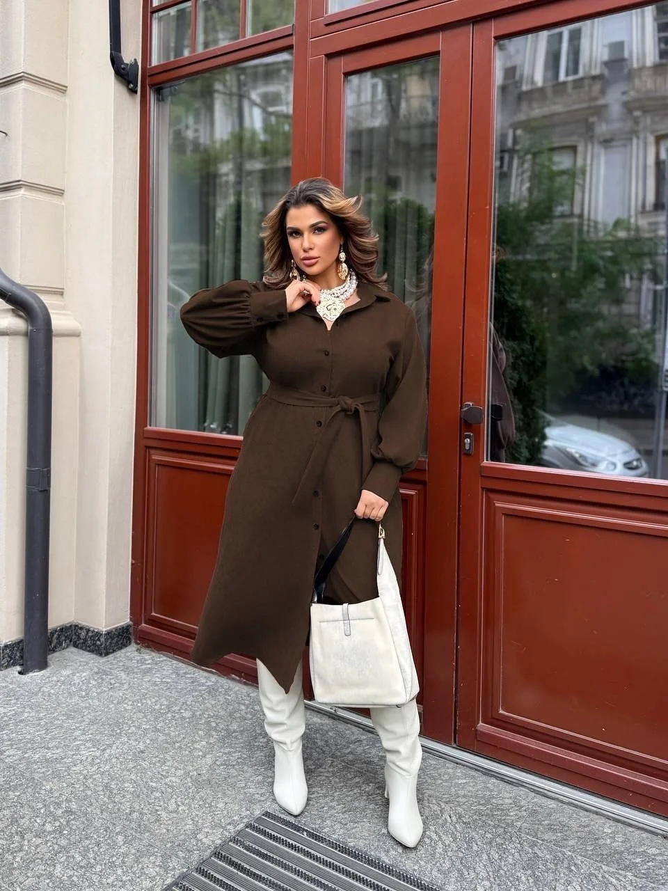 cozy fall outfits 2026 Chocolate Brown Dress And Cream Boots Elegance