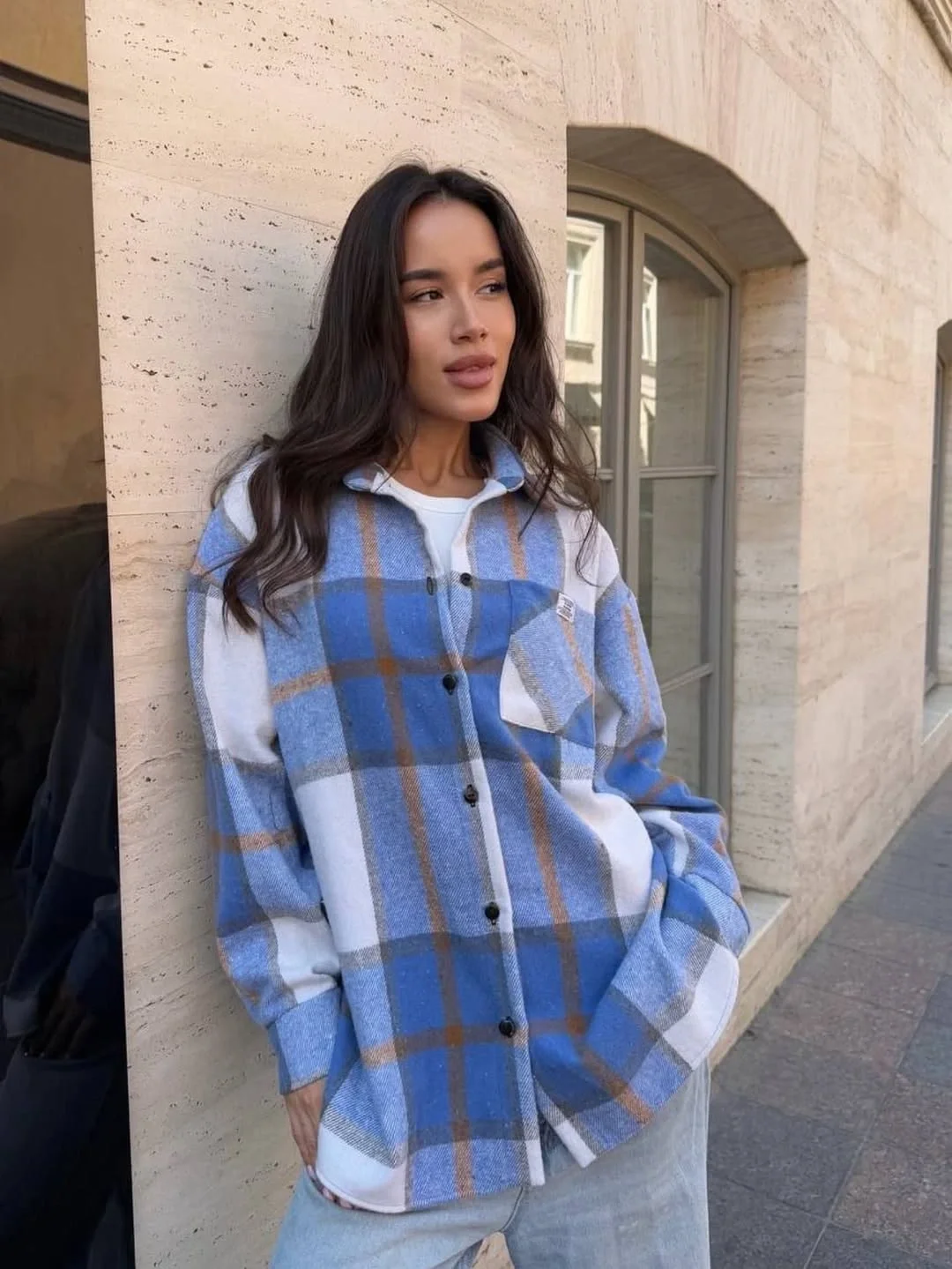 cozy fall outfits 2026 Oversized Plaid Shacket In Soft Autumn Blue