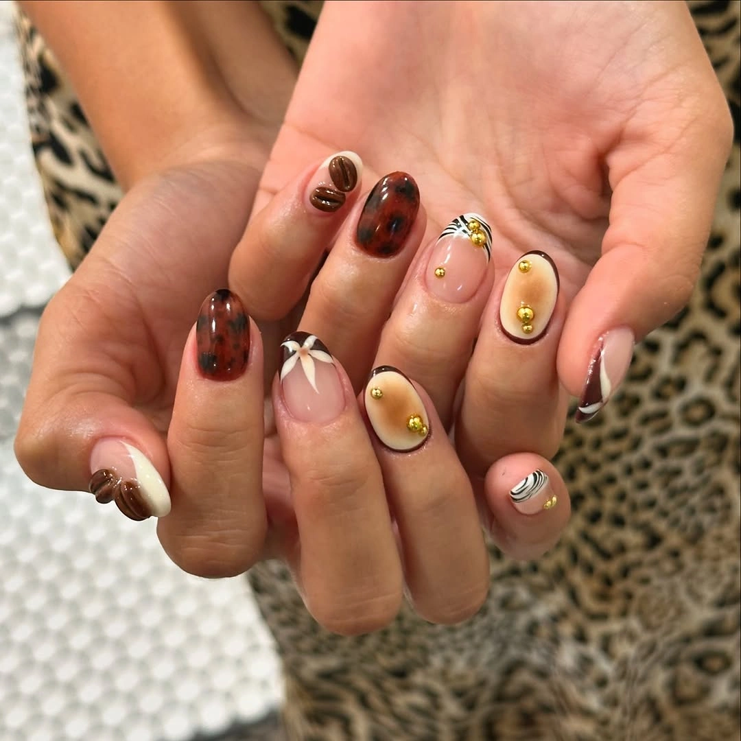 creative fall medium nail ideas 2026 Elegant Coffee Inspired Mixed Nail Art