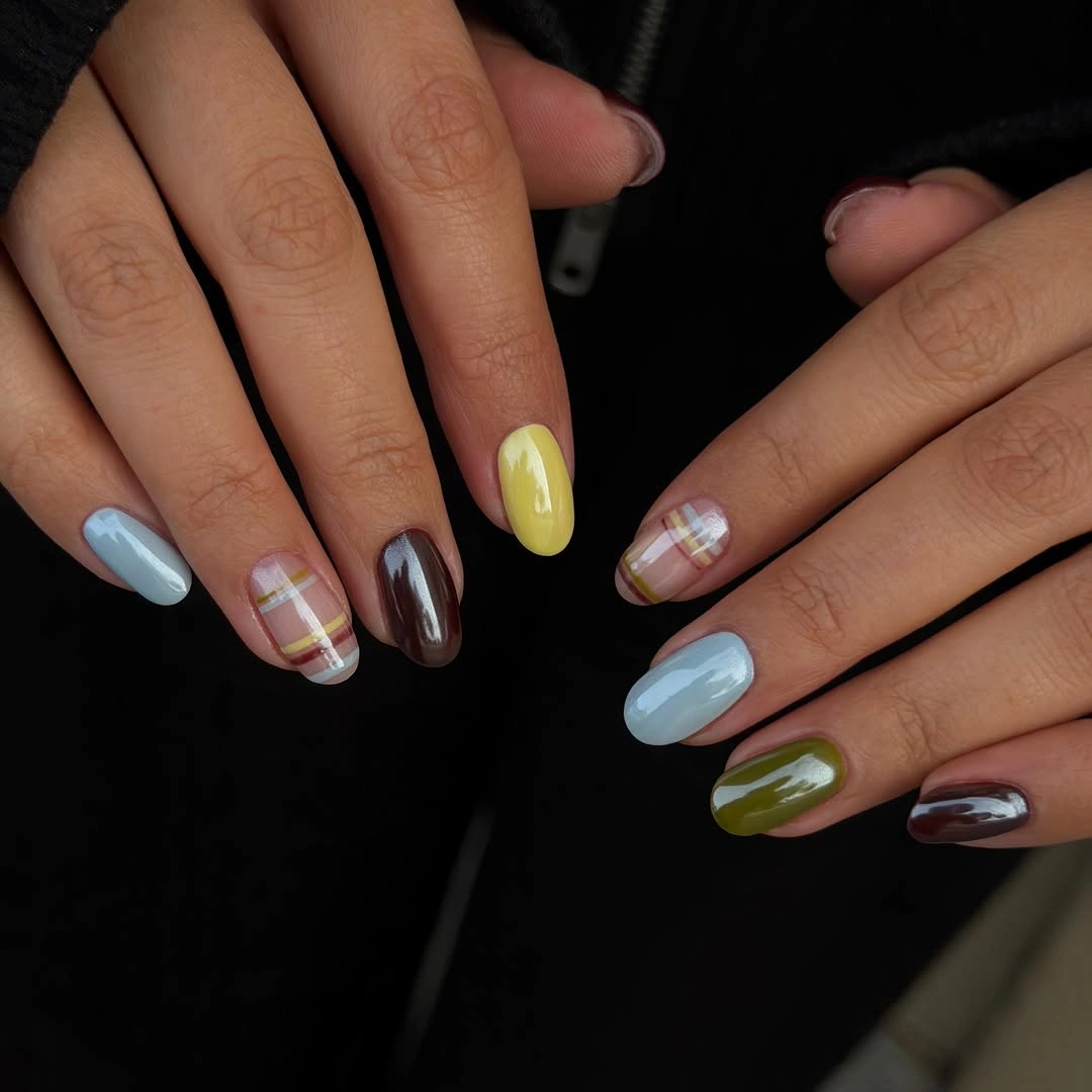 creative fall medium nail ideas 2026 Soft Color Block Nails With Modern Autumn Shades