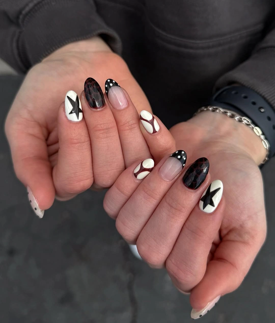 creative fall medium nail ideas 2026 Edgy Monochrome Nails With Graphic Details