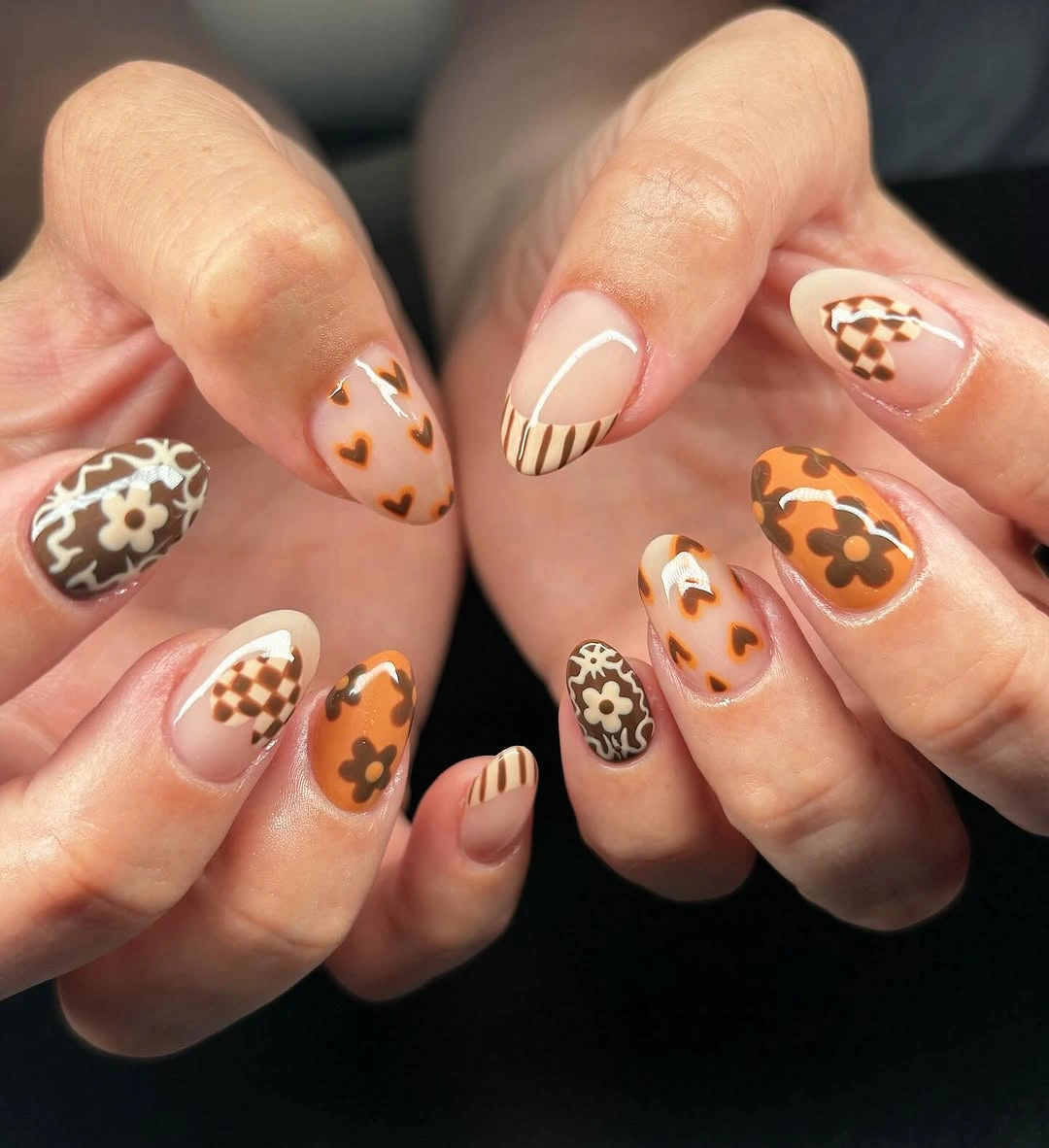 creative fall medium nail ideas 2026 Retro Caramel Floral Nail Art
