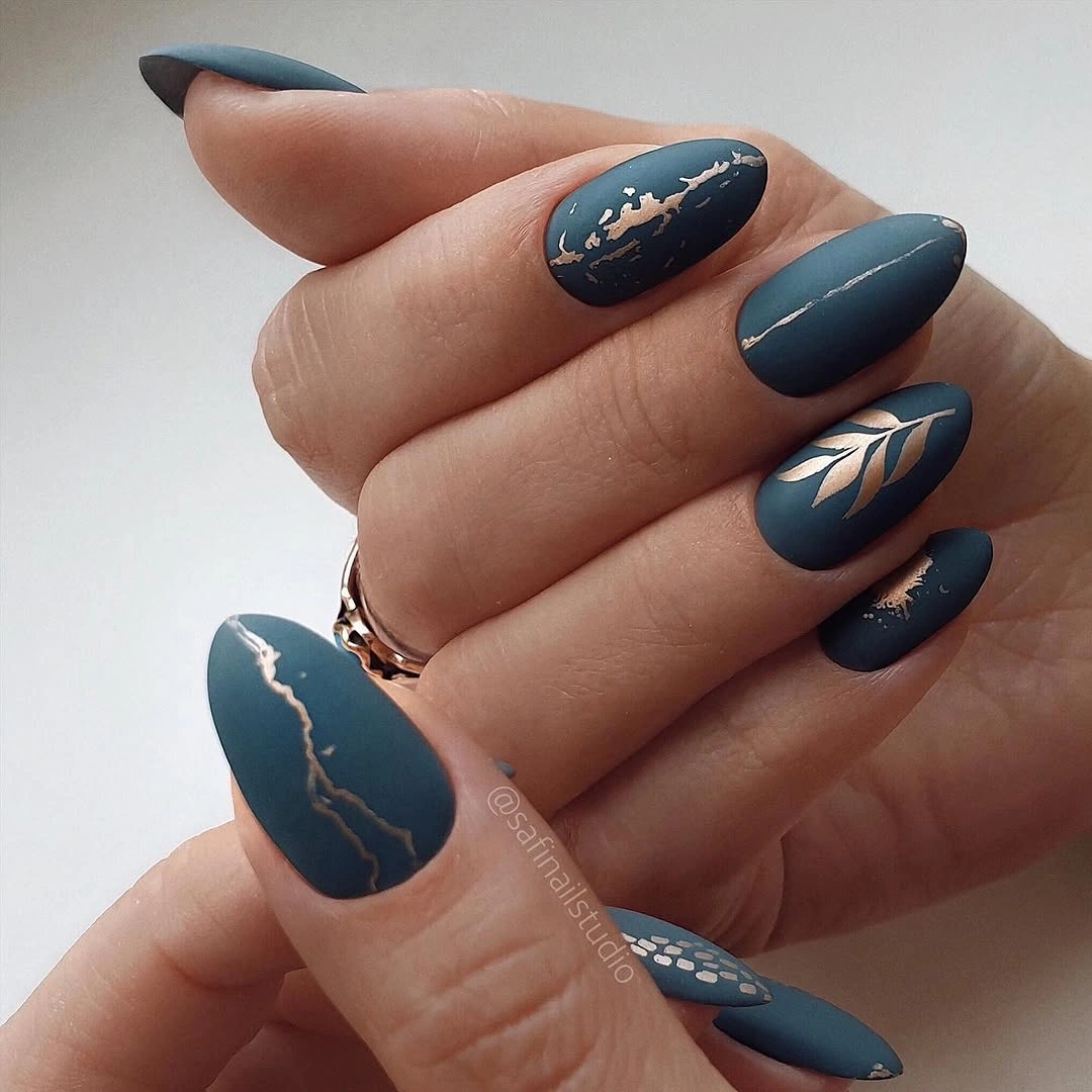 creative fall nail art 2026 Dark Blue Matte Autumn Elegance