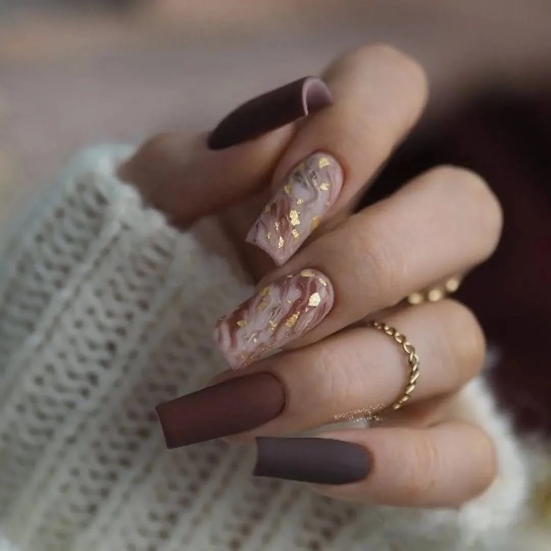 creative fall nail art 2026 Matte Mocha Marble With Gold Accents