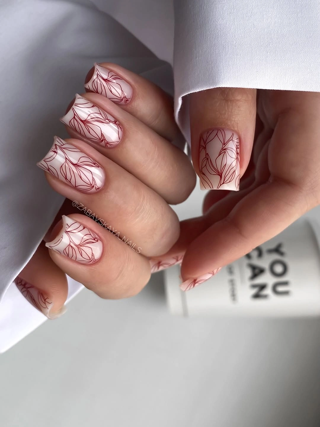 creative fall nail art 2026 Minimal Burgundy Botanical Line Art
