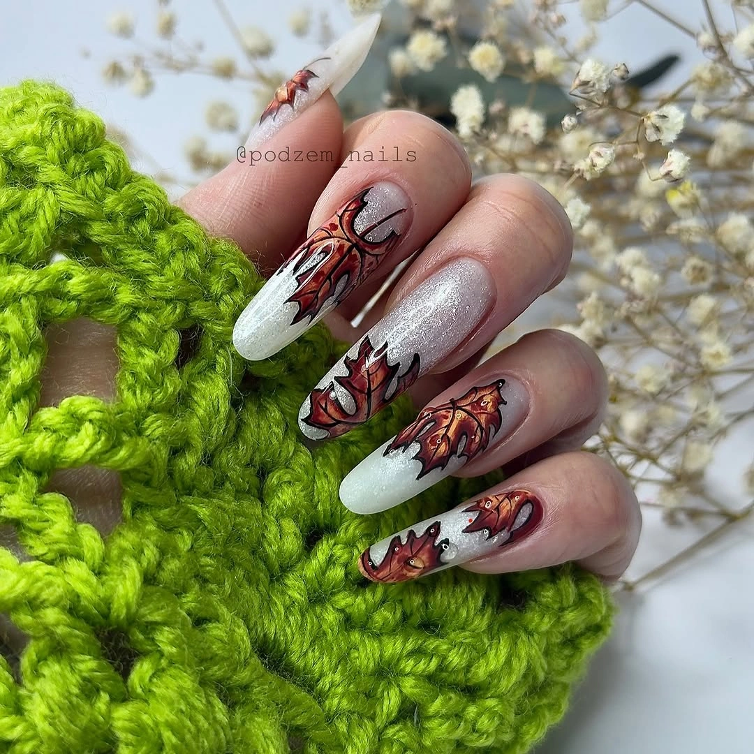 creative fall nail art 2026 Hand Painted Autumn Maple Leaves