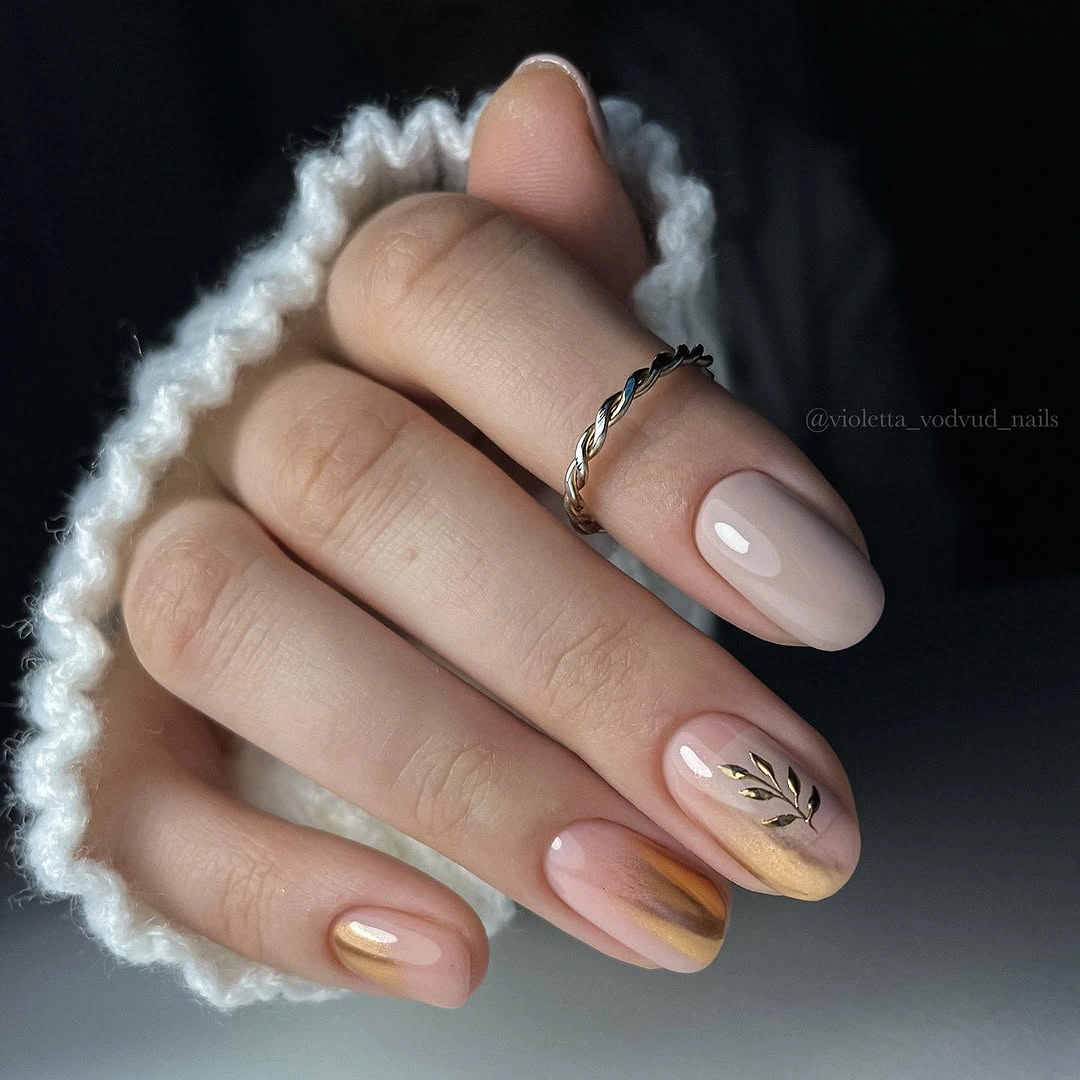 creative fall nail art 2026 Minimal Gold Botanical Nails
