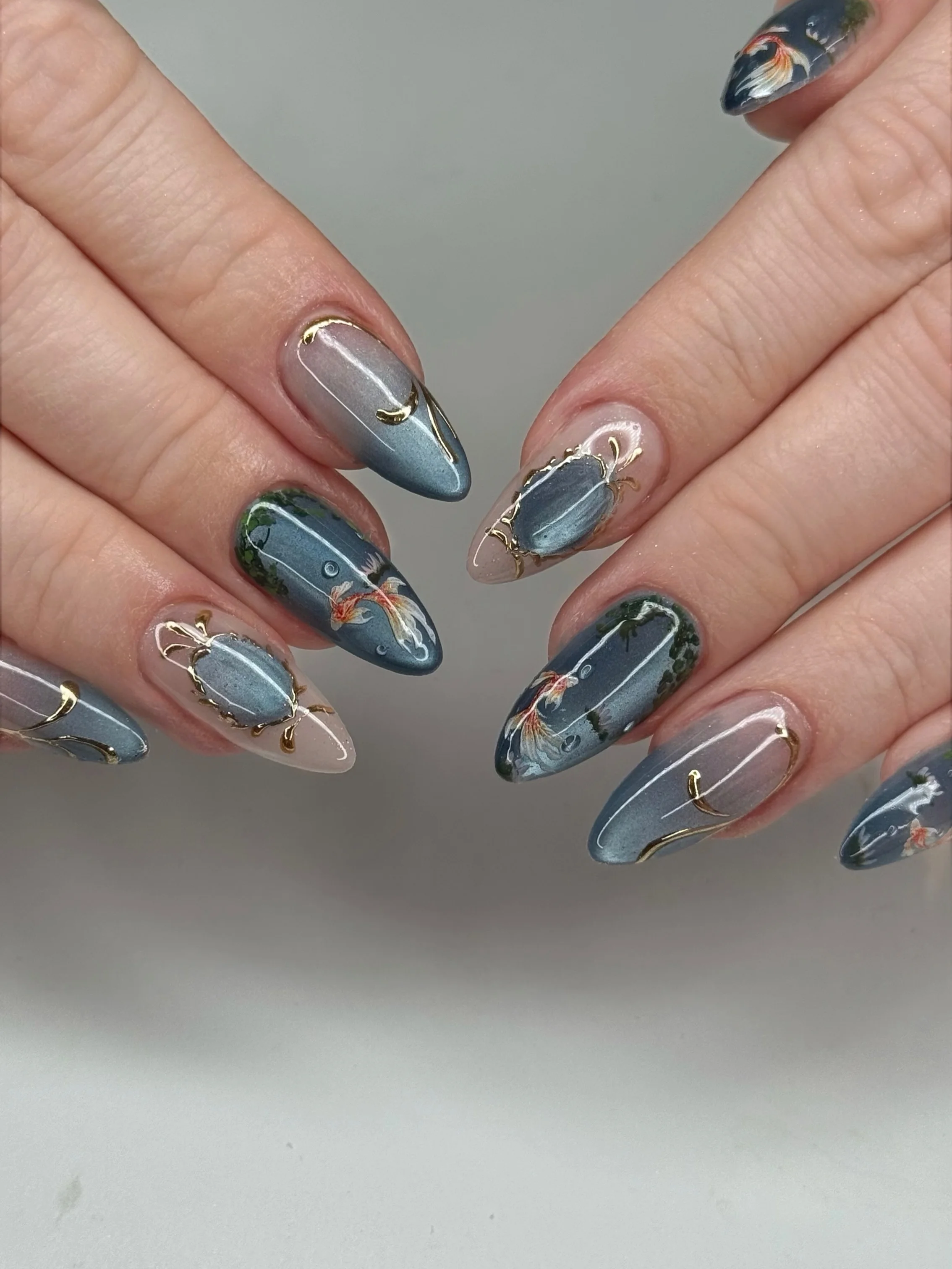creative september nail art ideas 2026 Elegant Blue Gray Botanical Nails