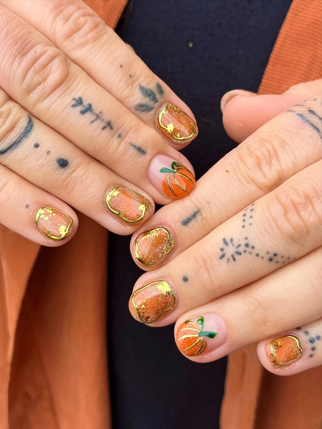 creative september nail art ideas 2026 Golden Pumpkin Nails for Early September Glow
