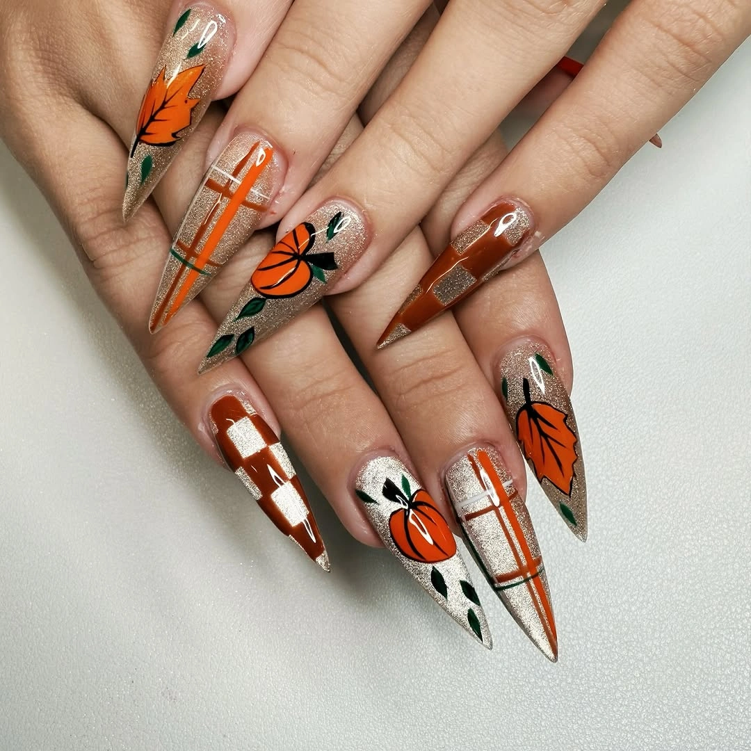 creative september nail art ideas 2026 Modern Pumpkin Plaid on Dramatic Almond Nails