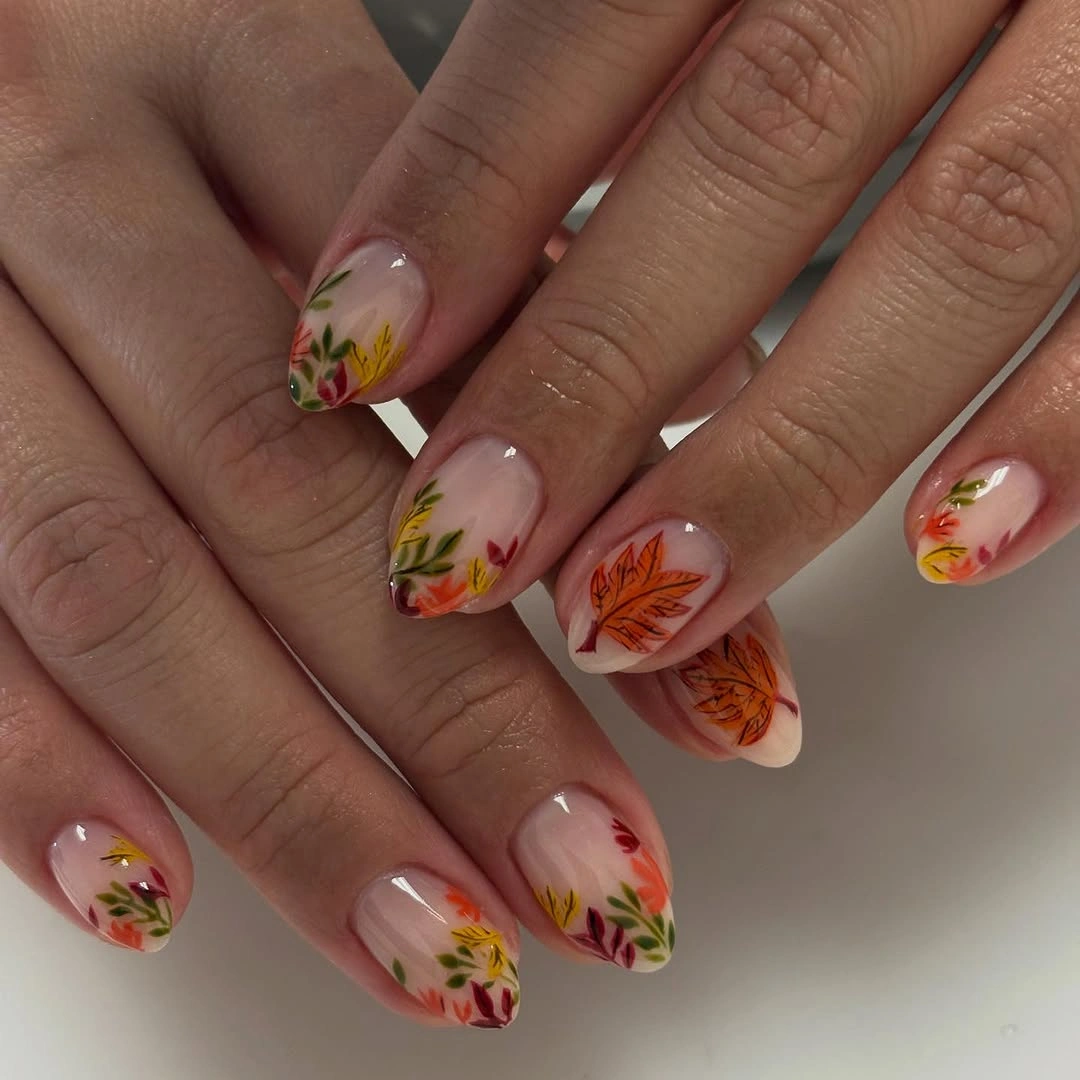 creative september nail art ideas 2026 Delicate Botanical Nails Inspired by the First Autumn Leaves