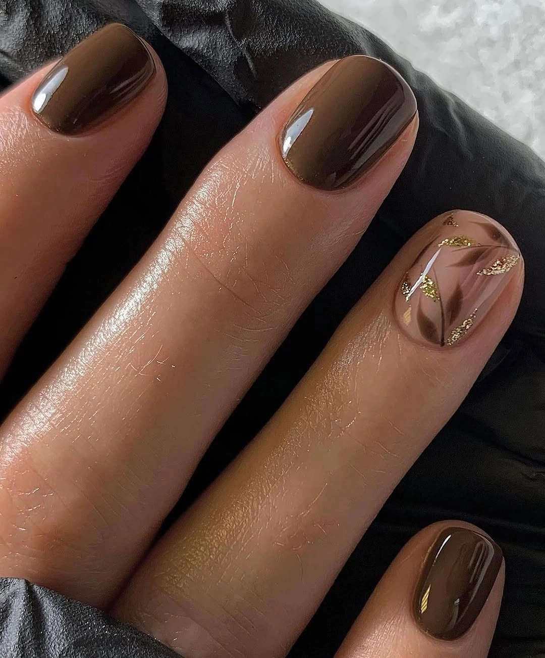 creative september nail art ideas 2026 Chocolate Brown Minimalism with Elegant Gold Accents