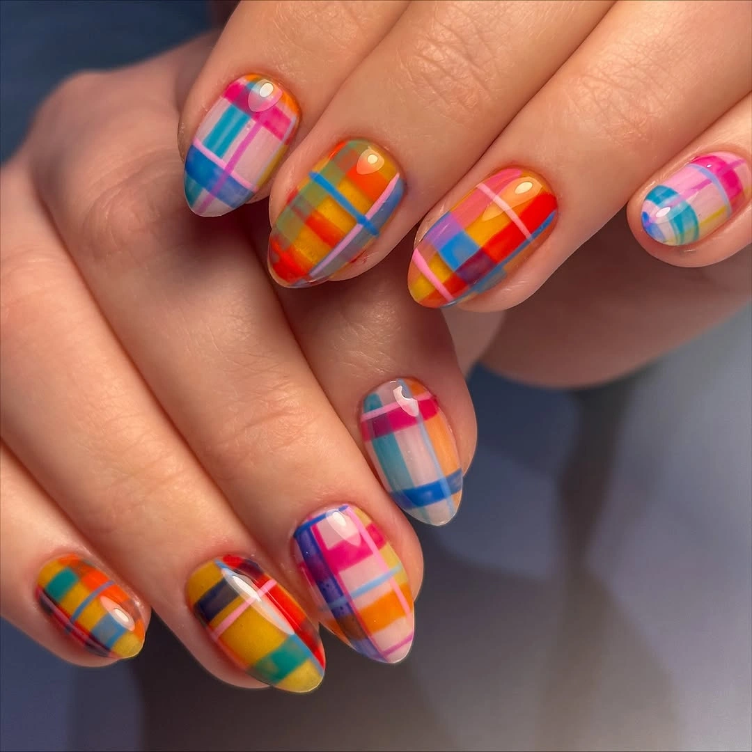 creative september nail art ideas 2026 Bright Plaid Nails That Keep Summer Energy Alive