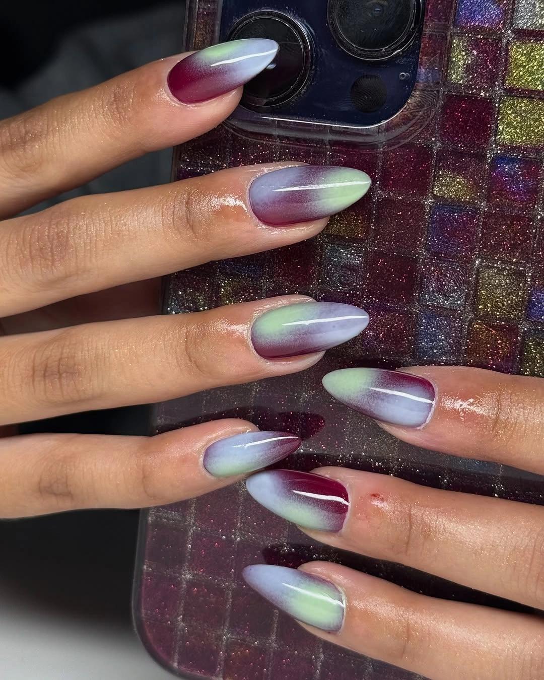creative september nail art ideas 2026 Dreamy Aurora Gradient Almond Nails