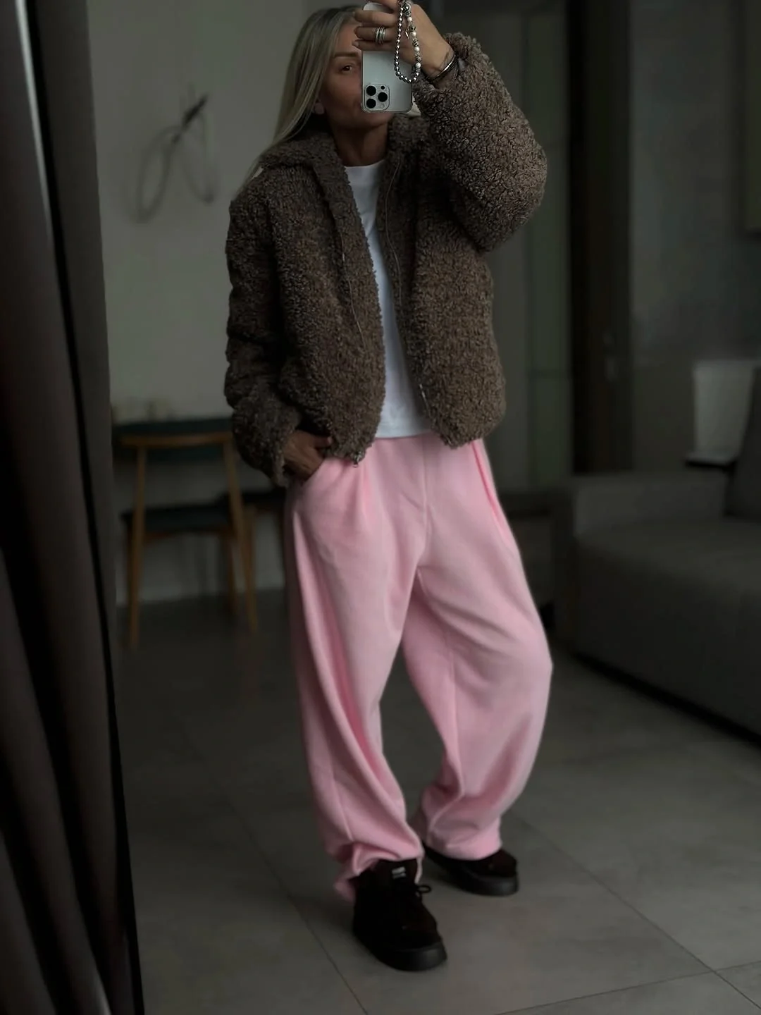 cute comfy fall outfits 2026 Cozy Teddy Jacket And Pink Sweats
