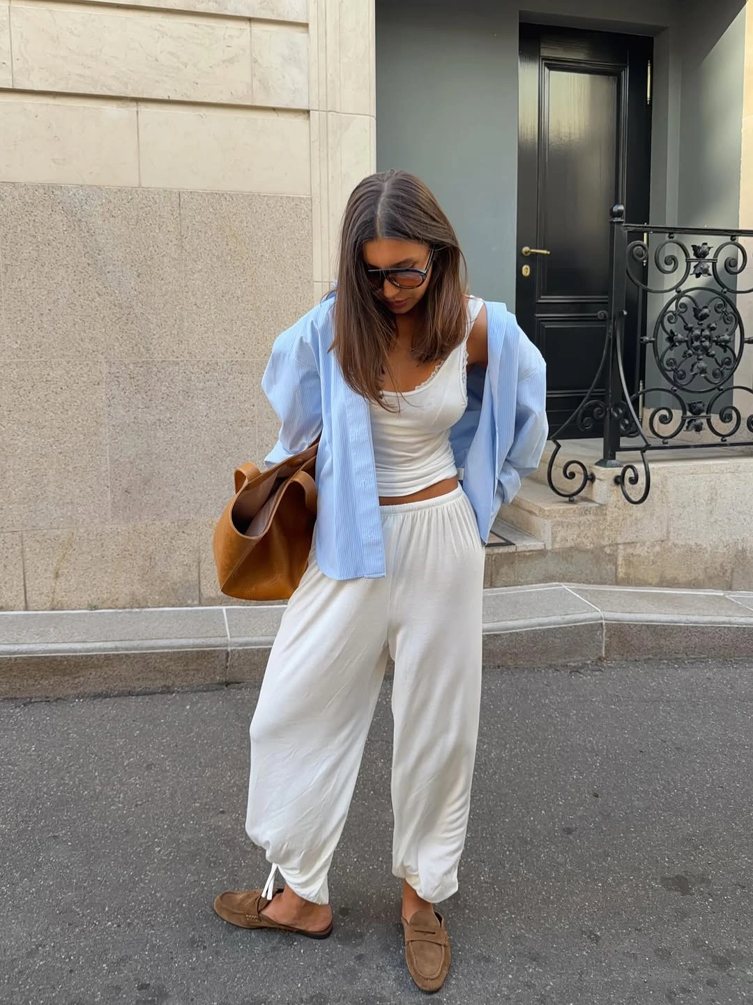 cute september outfits ideas 2026 Soft Blue Shirt And Cream Lounge Pants With Quiet Luxury Appeal